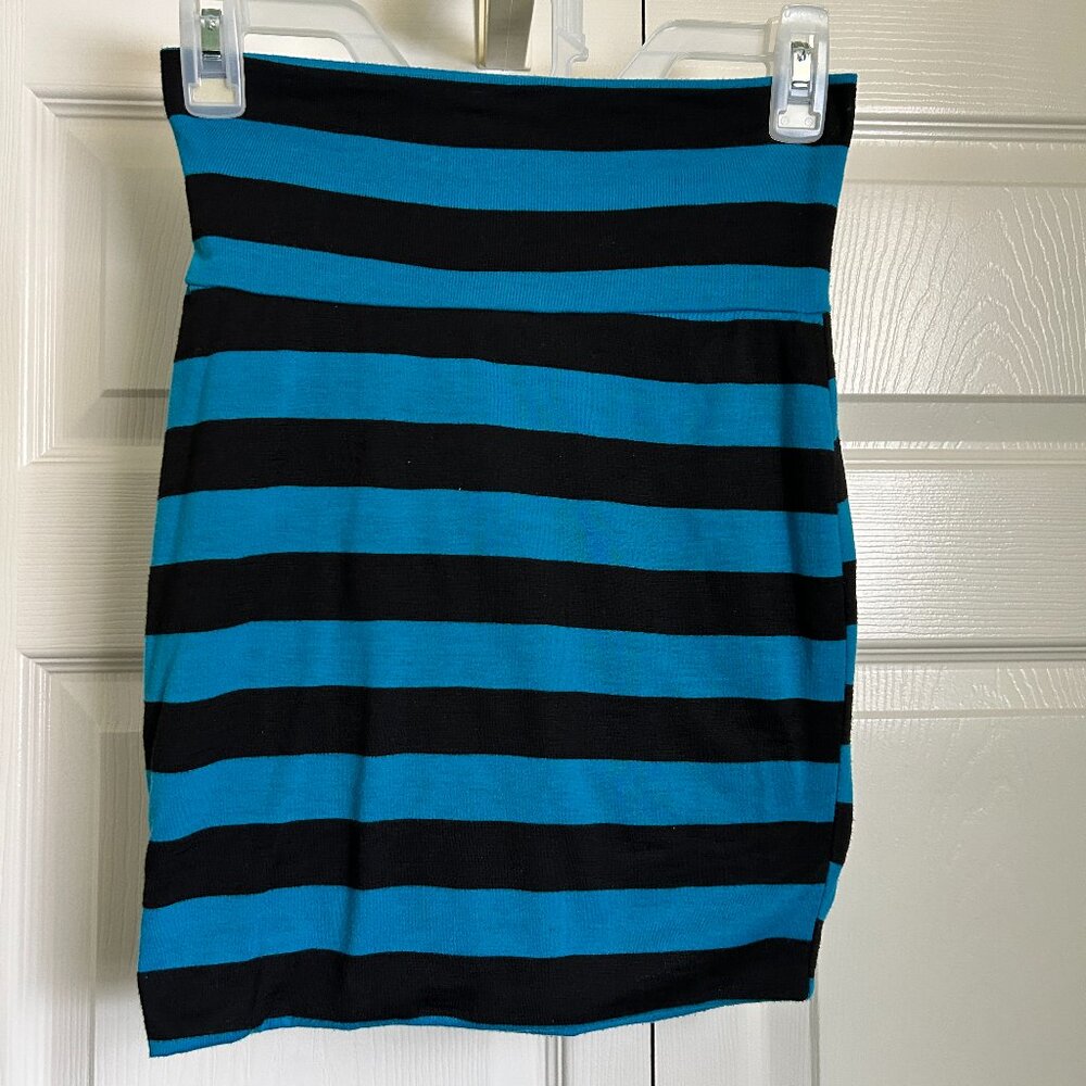 Blue and black striped stretch pencil mini skirt